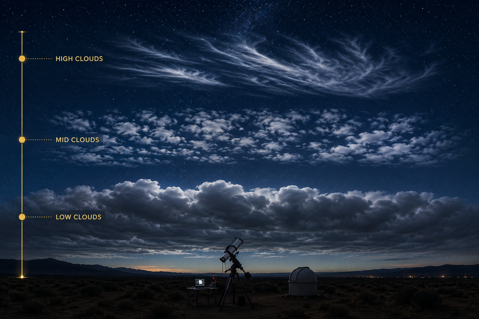 Low, mid, and high cloud layers over an observing site