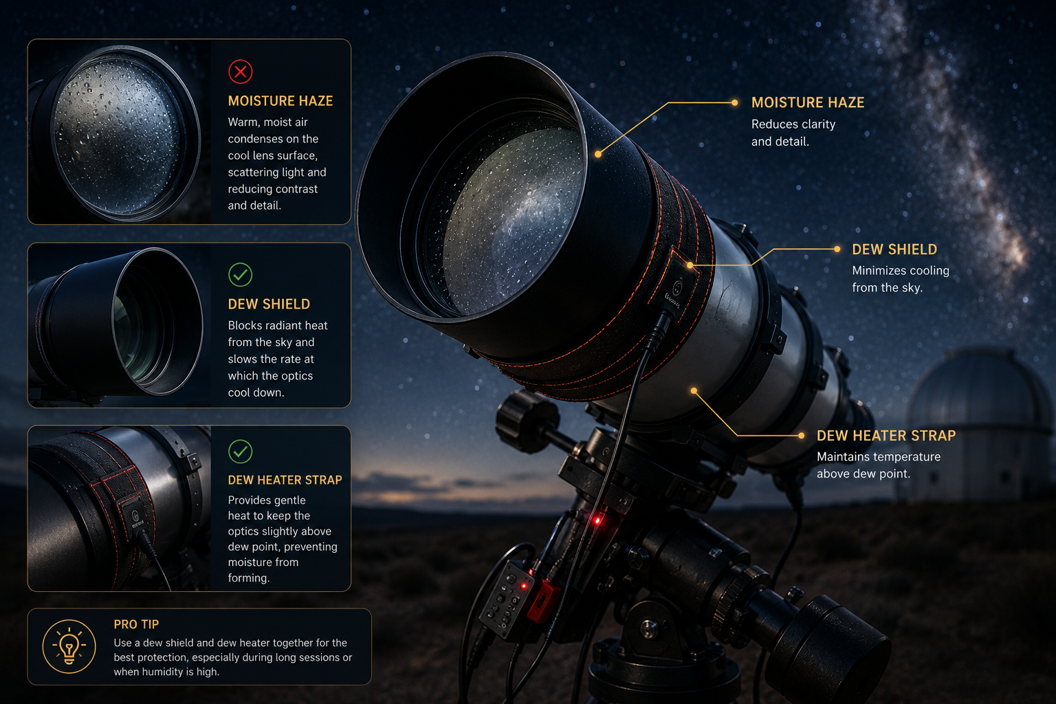 Telescope lens with moisture haze and dew control equipment